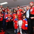 GANGNEUNG, SOUTH KOREA - FEBRUARY 25: Team Olympic Athletes from Russia pose for a photo in the locker room after defeating Team Germany 4-3 during gold medal round action at the PyeongChang 2018 Olympic Winter Games. (Photo by Matt Zambonin/HHOF-IIHF Images)

